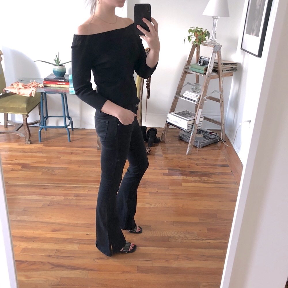 Vintage 90s Stretchy Black Off The Shoulder 3/4 Three Quarter Crop Sleeve Top - Picture 12 of 16